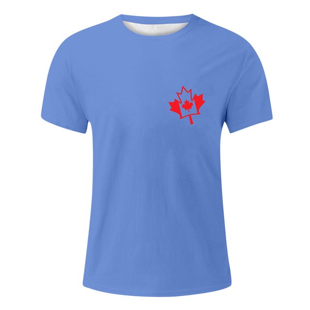 Chemise Vintage Décontractée Imprimée Partielle Col Rond Manches Courtes pour Hommes Fête du Canada