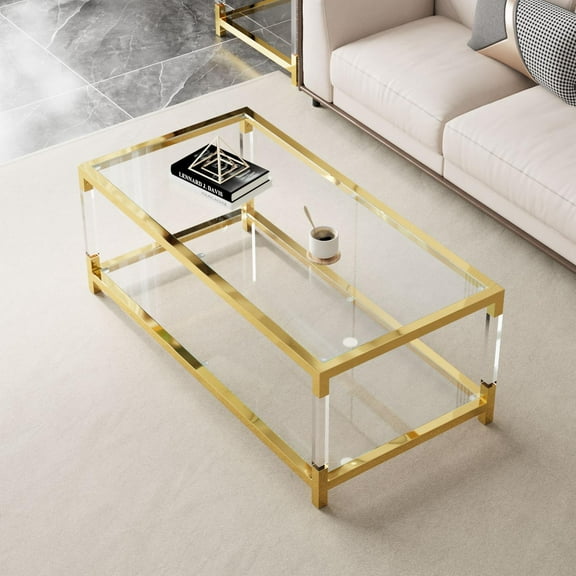 GZXS 47.2-Inch Rectangular Glass Coffee Table, 2-Tier Modern Minimalist Cocktail Center Table with Gold Metal Frame and Transparent Acrylic Legs, Easy Assembly for Living Room, Home Office
