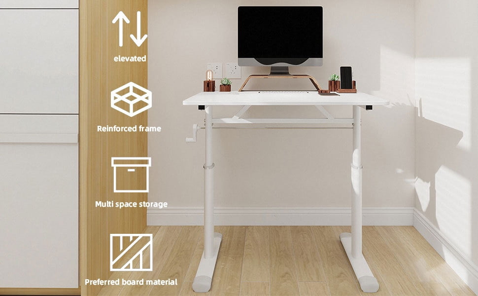 Lisonu Adjustable Standing Desk, Manual Hand Crank Sit-Stand Workstation, 33x24 Inch Home Office Computer Desk, Ergonomic Height-Adjustable Study Table, White Wood and Iron Frame