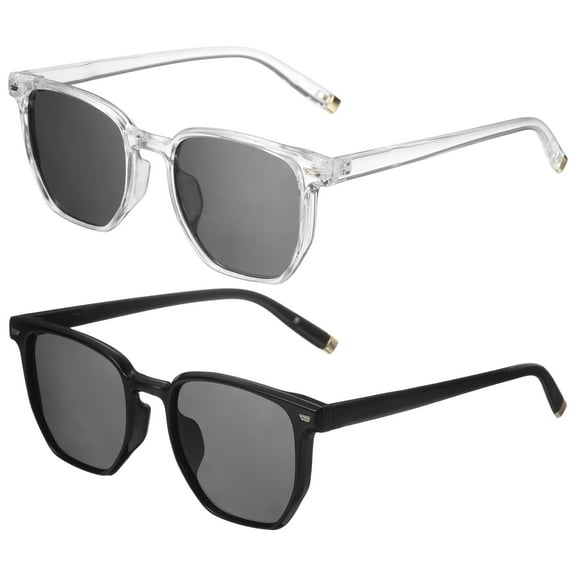2pack Sunglasses for Women Men, PC Square Sunglasses, Transparent & Black