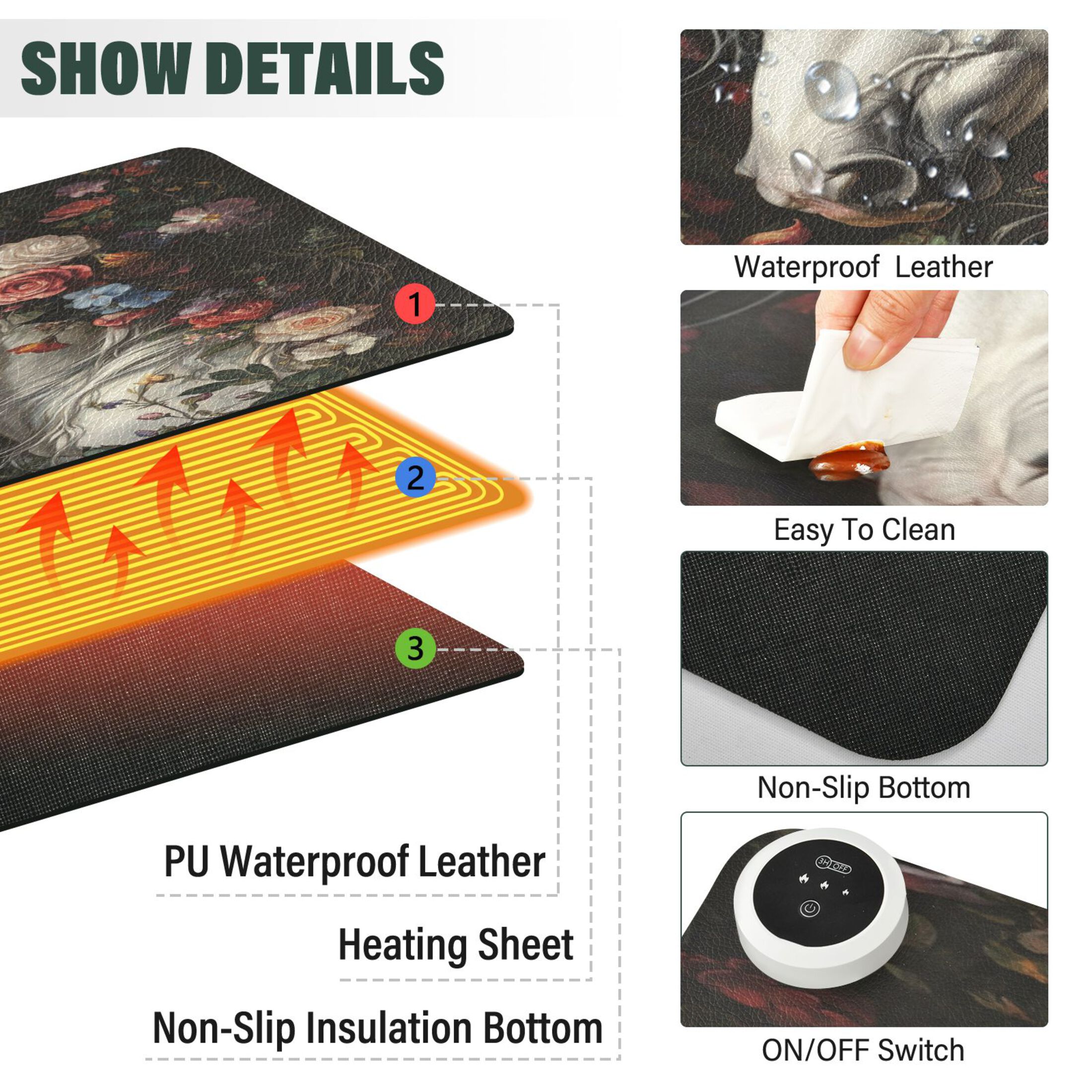 Wobogo Rose Of Horse Heated Mouse Pad Extra-Large Desk Mat With 3 Heating Levels and 3-hour Auto Shut-Off Protection Ideal for Computer Keyboards Home Office Hand-warming Essential 31.5in × 13in