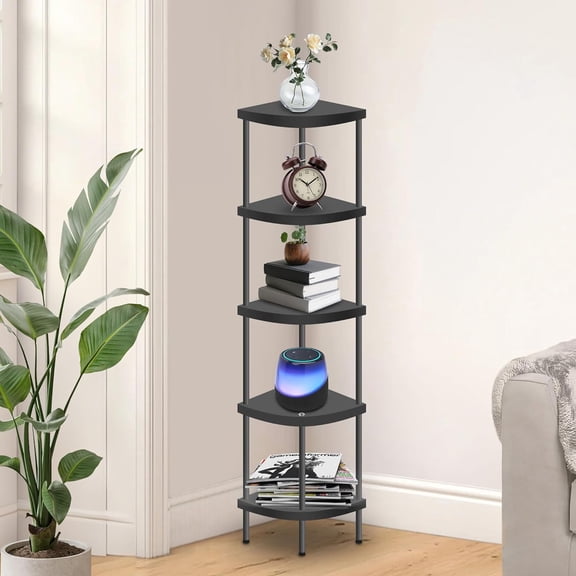 5 Tier Corner Shelf Stand, Tall Display Rack Multipurpose Shelving Unit, Storage Home Decor Organizer Shelves for Bedroom Living Room, Black