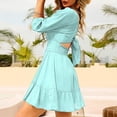 thumbnail image 3 of Vestido de mujer con manga media linterna y lazo en la espalda, minivestido con hombros descubiertos y volantes para verano, verde menta XS, 3 of 5
