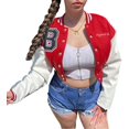 thumbnail image 2 of Veste Courte Uniforme de Baseball à Blocs de Couleur pour Femmes en Cuir Imprimé Manches Longues Broderie Lettre, 2 of 5