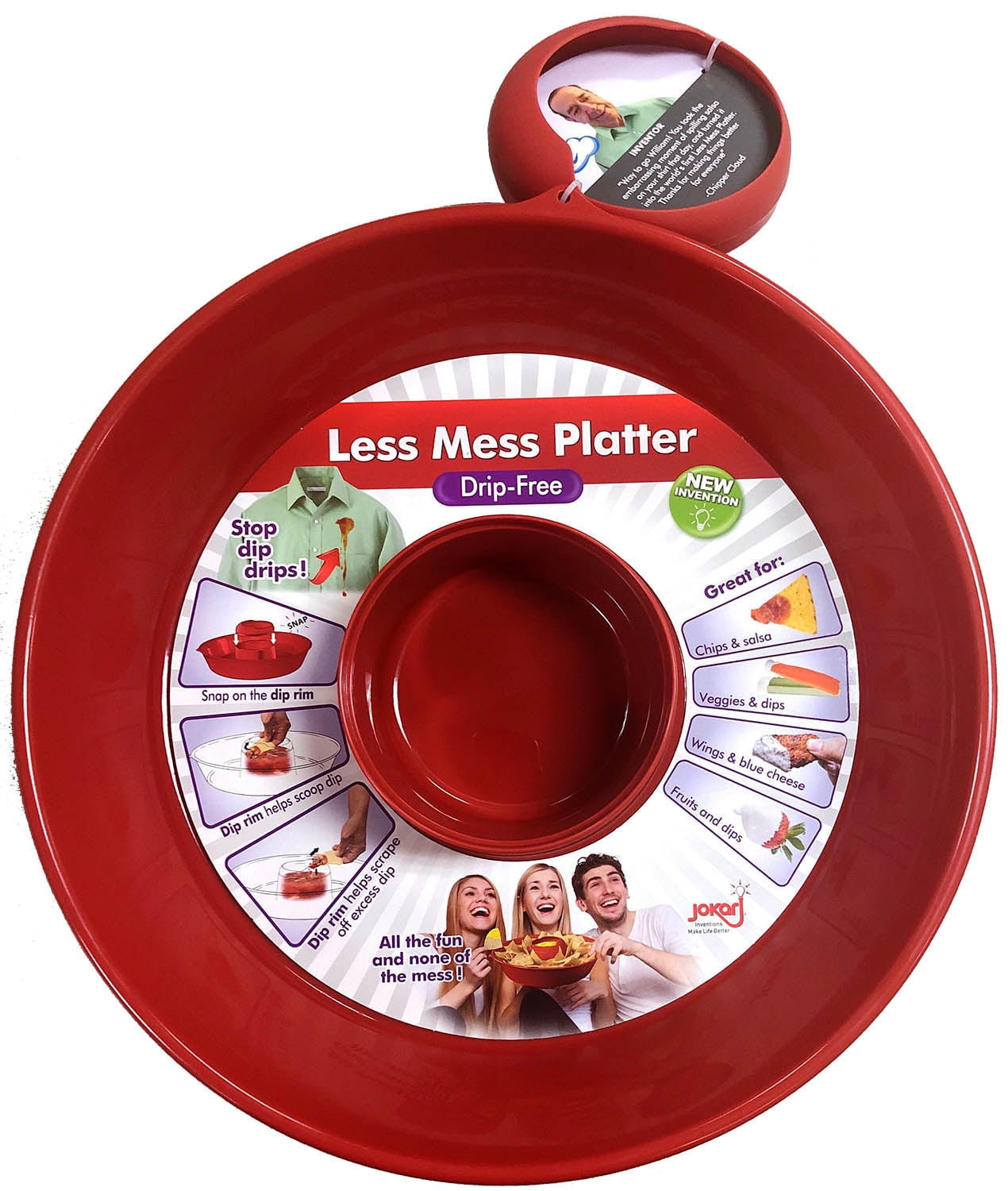 Jokari Less Mess Serving Bowl for Dips, Chips, Veggies and Snacks. Red Rimmed Bowl to Scrape Extra Dip