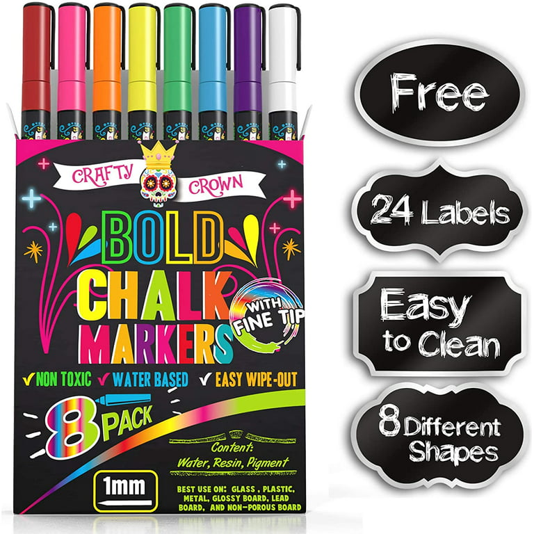 Chalky Crown Bold Chalk Markers - Dry Erase Marker Pens - Liquid Chalk Markers for Chalkboards, Signs, Windows, Blackboard, Glass - Reversibl