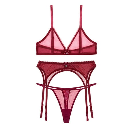 

Varsbaby Women s Solid Mesh Bra Thongs and Garter Belt Lingerie Set