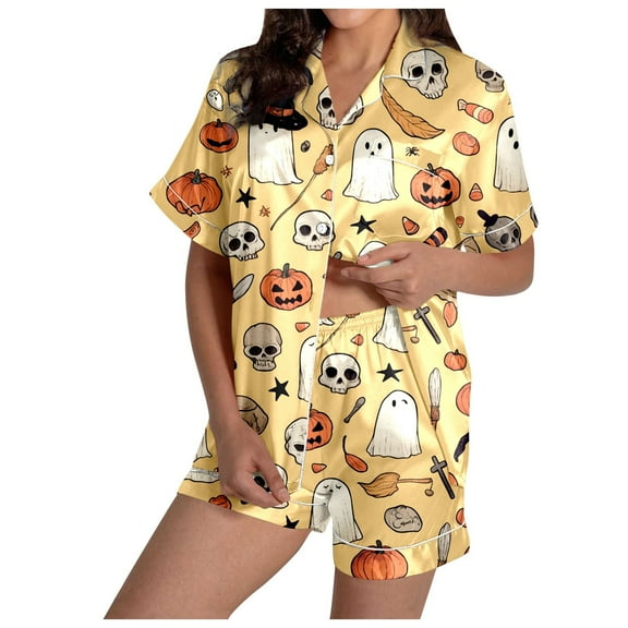 Halloween Pjs Women 2 Pcs Women Silk Pajamas Set Pumpkin Ghost Printed Womens Shorts Pajama Set Button Up Lounge Sets For Women Halloween Womens Pajama Sets