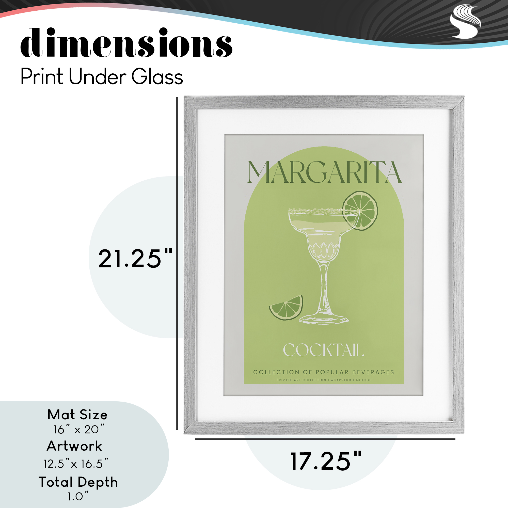 Stylish Retro Margarita Gray Framed Print Under Glass, design by Lil' Rue