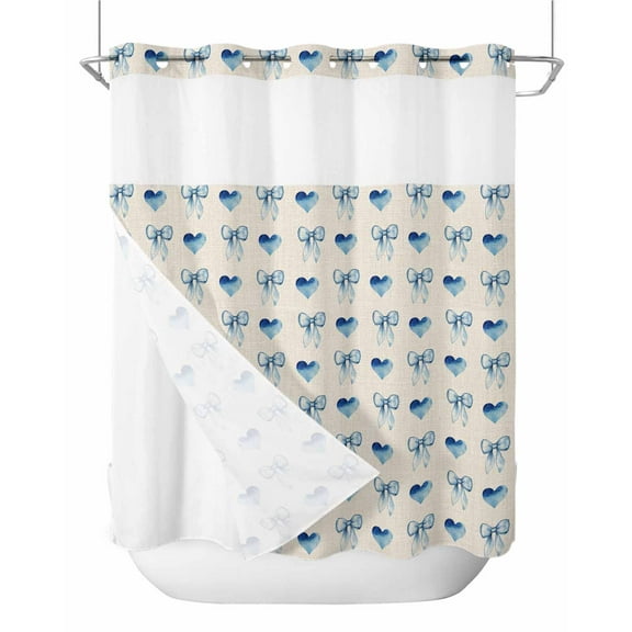 No Hook Shower Curtain with Snap-in Liner, Blue Bow Love Waterproof Fabric Bathroom Curtains, Beige Linen Vintage Art Aesthetic Bath Curtains & Mesh Top Window Standard 72''x72''