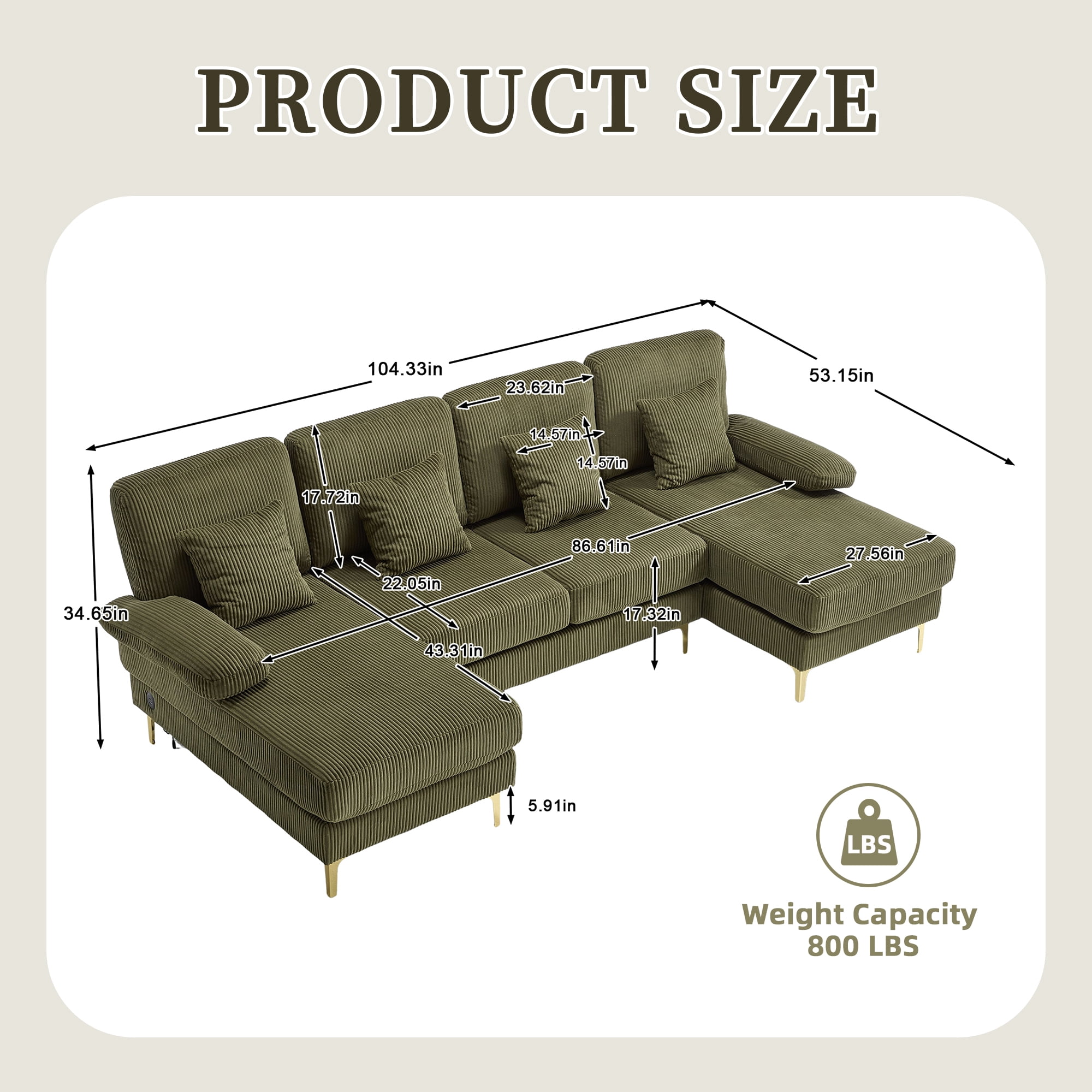Homefun U-Shaped Corduroy Sectional Sofa 4-Seat with 2 Chaise Large Couches with USB Intelligent Lighting