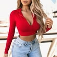 thumbnail image 2 of Women's Long Sleeve Quarter Zip Crop Top Lined V Neck Fitted Sexy Cropped Shirt Soft Comfortable Stylish Casual Tee, 2 of 5