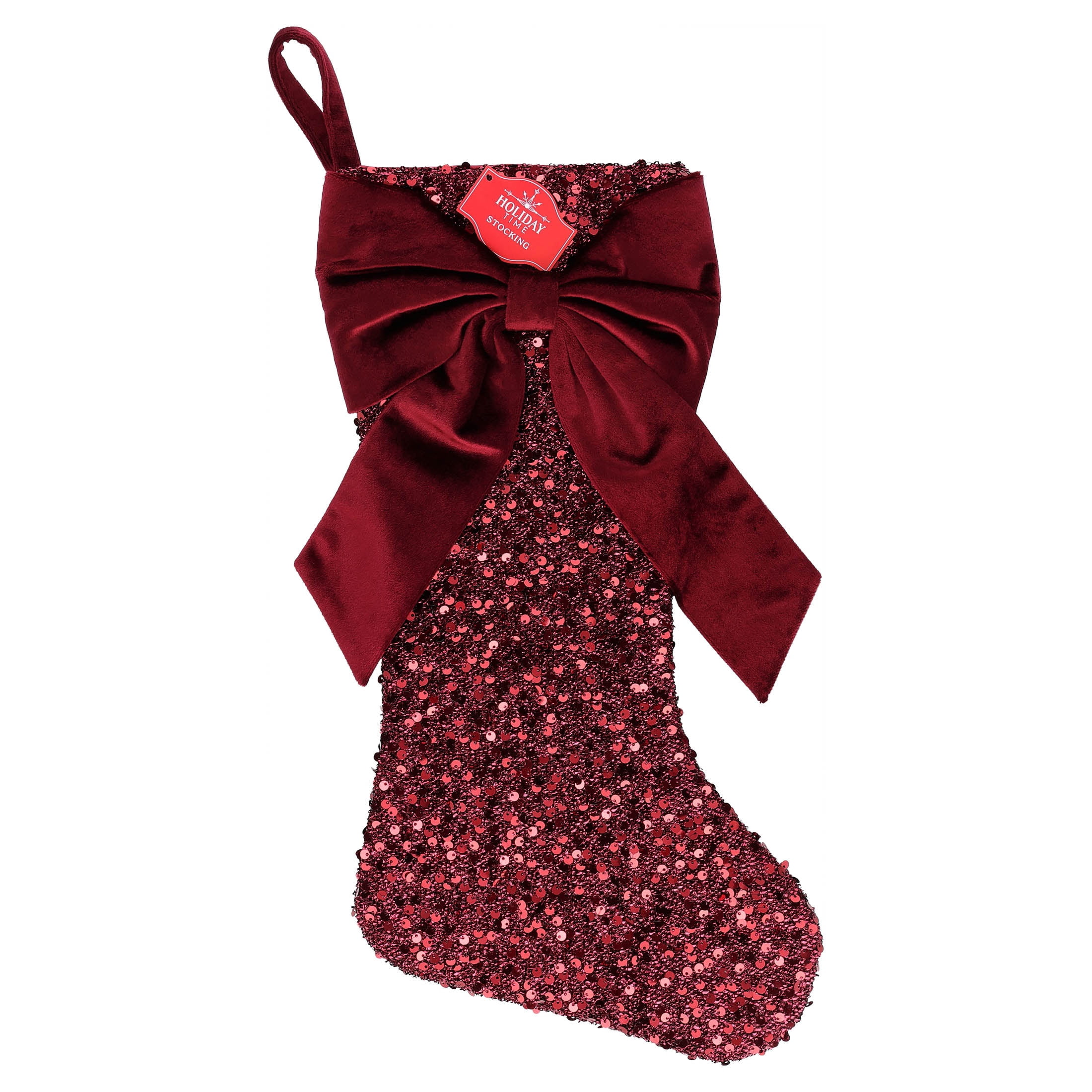 Sequin Christmas Stocking with Velvet Bow, Burgundy, 17", by Holiday Time