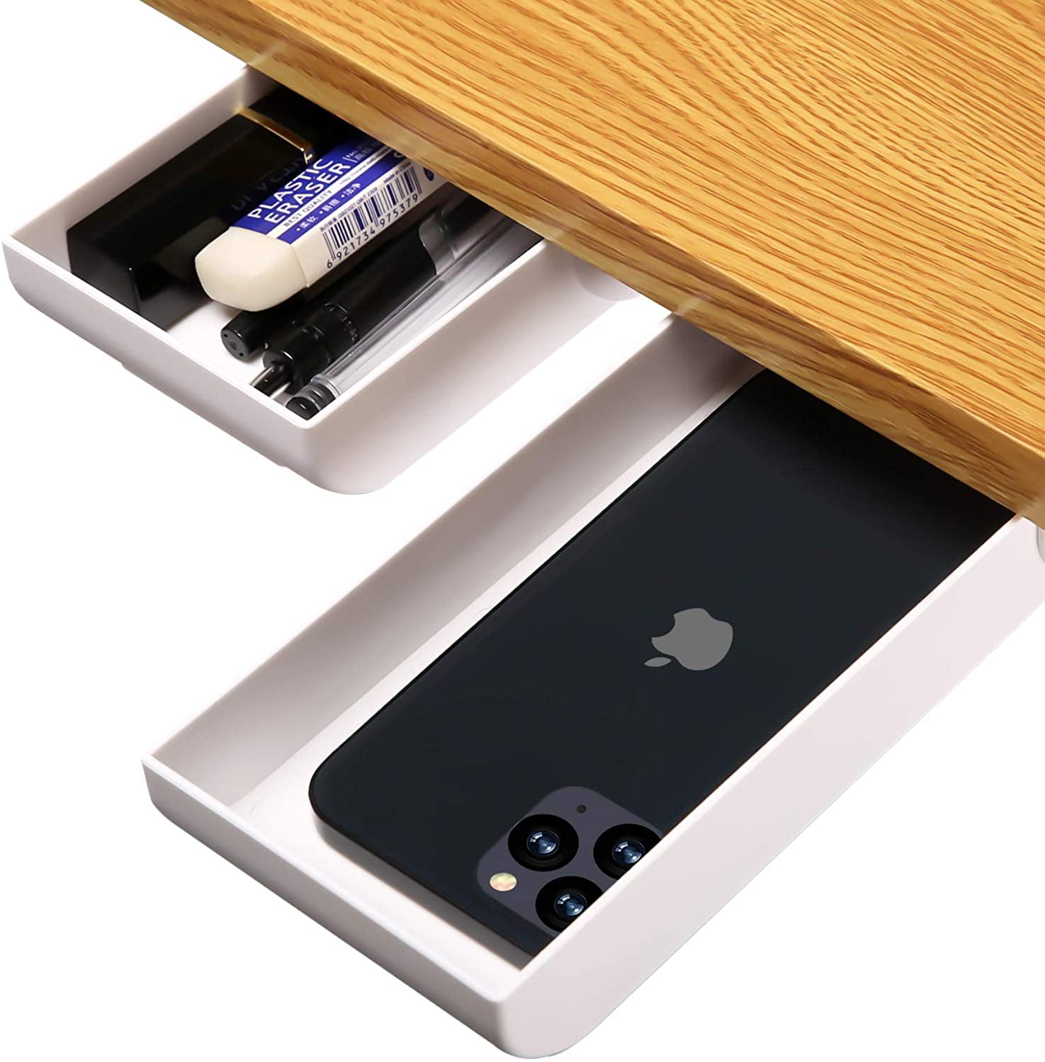 White 2pcs Hidden Hanging Paste Style Paste Drawer Storage Pen Case for Office School Home Desk Punch Free Under The Table Drawer