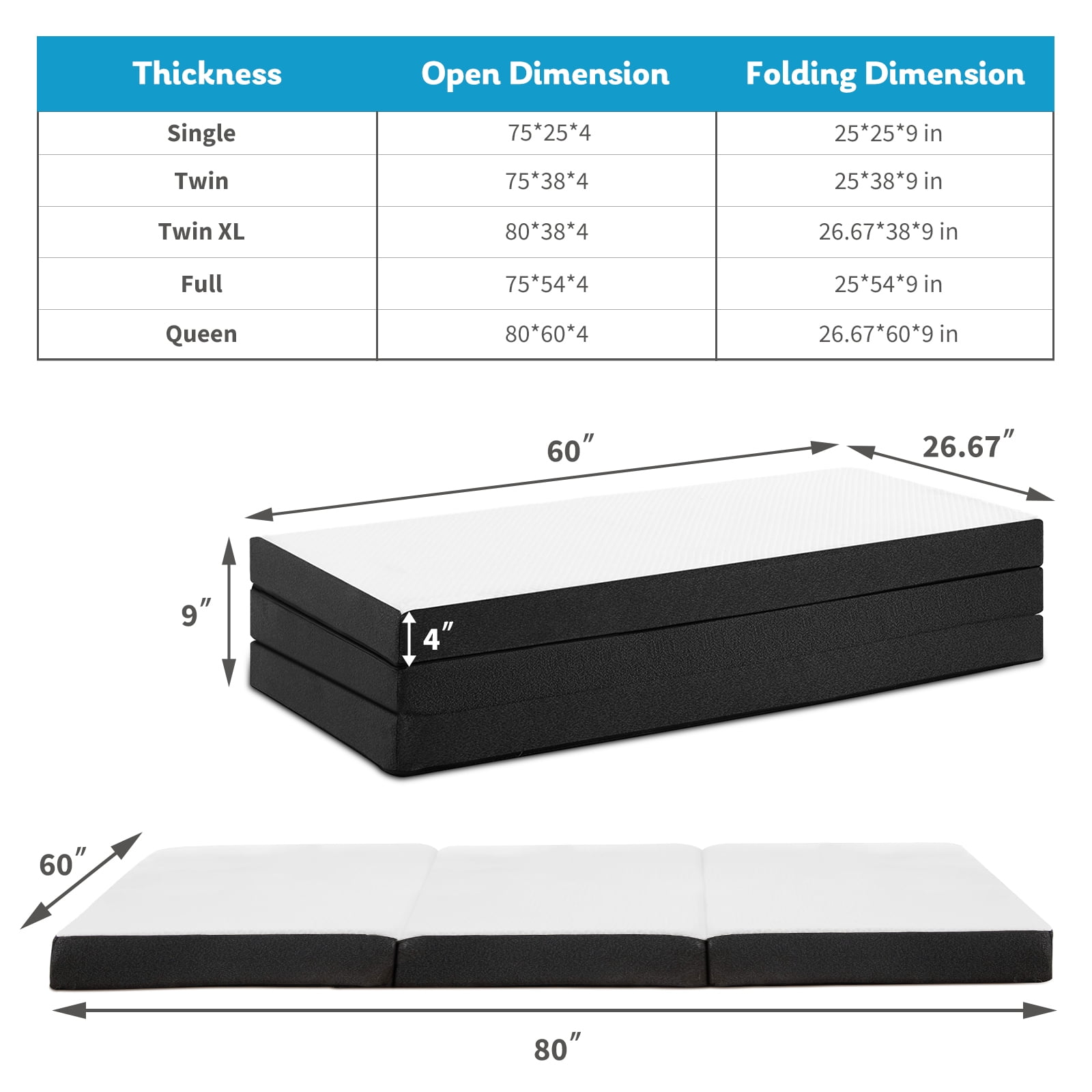 Folding Mattress, 4 inch Tri-fold Memory Foam Mattress Topper for Camping, Foldable Mattress Topper with Washable Cover, Twin Size