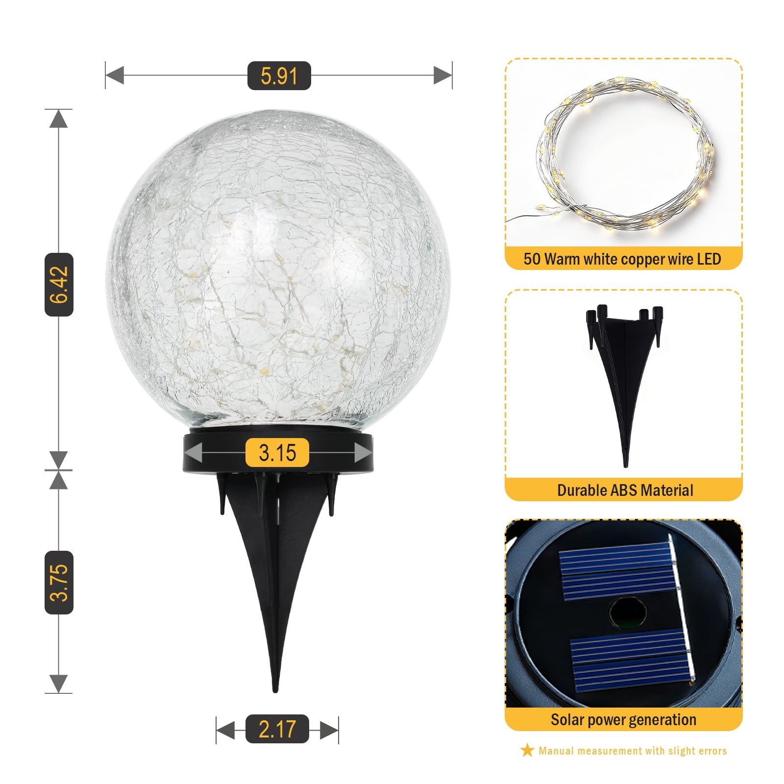 Garden Solar Ball Lights Outdoor Waterproof, 50 LED Cracked Glass Globe Solar Powered Ground Lights for Path Yard Patio Lawn - Solar Lights Outdoor, Christmas Decoration Landscape Warm White (2 Pack)