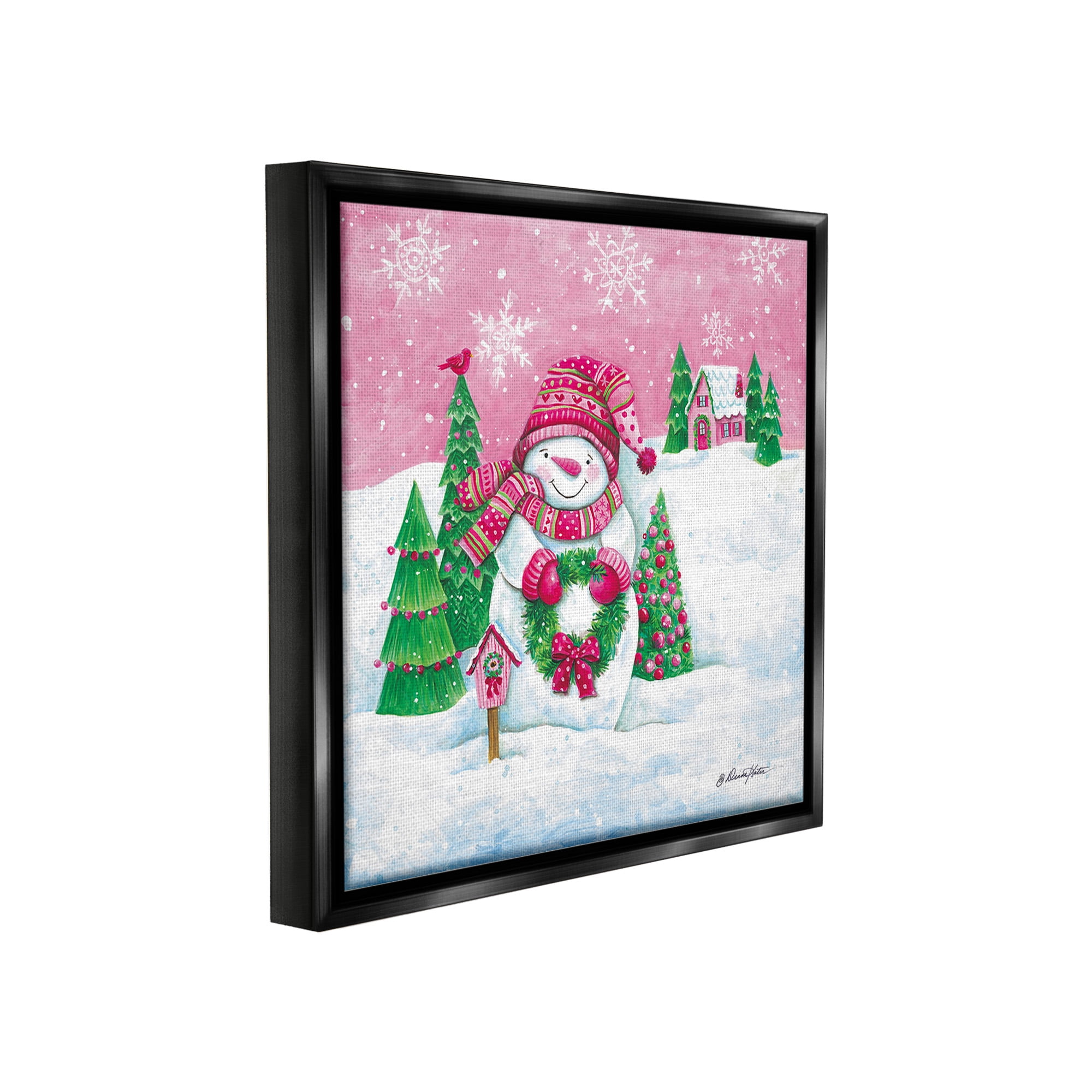 Stupell Industries Scenic Winter Snowman Holiday Painting Black Floater Framed Canvas Art Print Wall Art, 18 x 18
