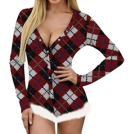 

vbnergoie Women Christmas Print Long Sleeve Nightwear Jumpsuit Bodysuit Playsuit Romper Romper with Sleeves for Women Baggy Womens Overalls