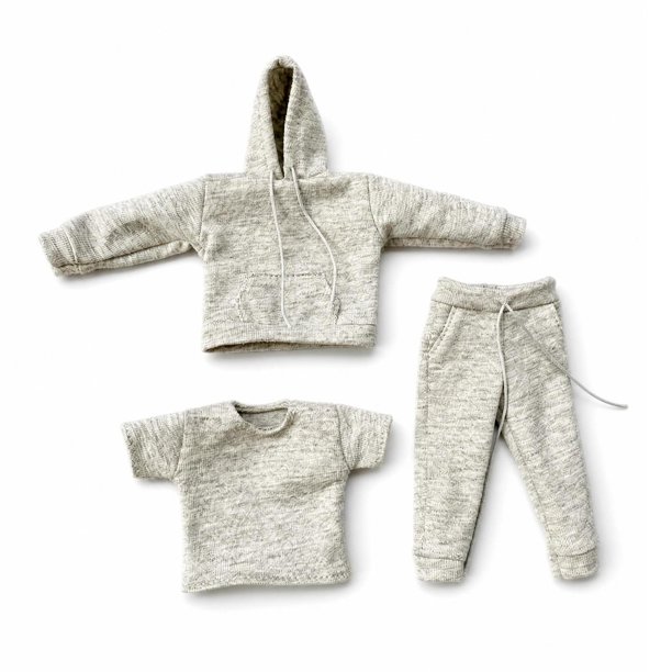Conjunto de sudadera y pantalón en miniatura para figuras a escala 1/12 (3 piezas). Gris claro