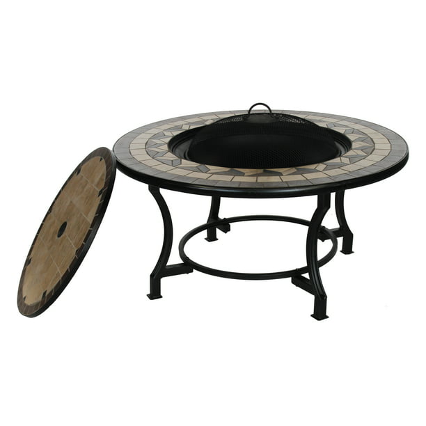 Aleko Round Mosaic Tile Fire Pit Table, Portable Fire Pit On Wheels Menards