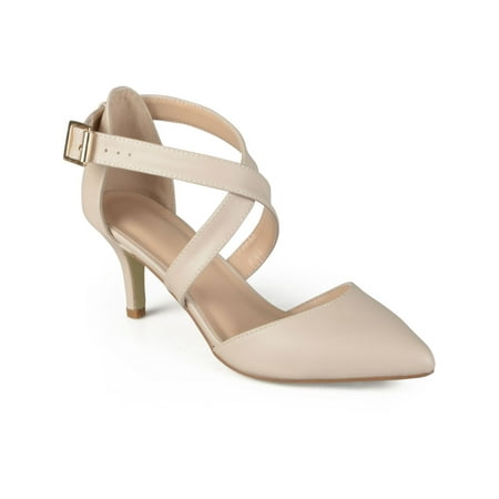 

JOURNEE COLLECTION Womens Beige Padded Strappy Riva Pointy Toe Kitten Heel Buckle Leather Pumps 7 M