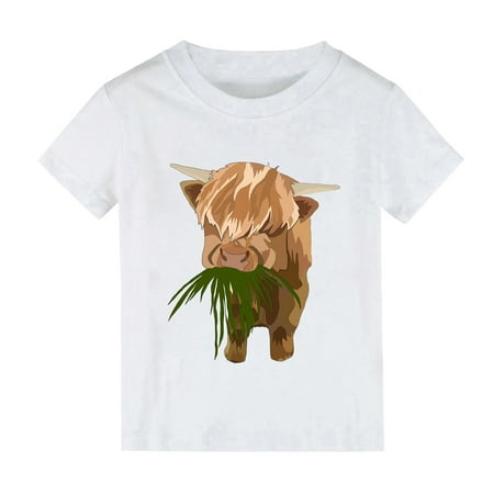 

Toddler Girls T-Shirt Tops Summer Solid Color Cartoon Highls Cow Print Short Sleeved