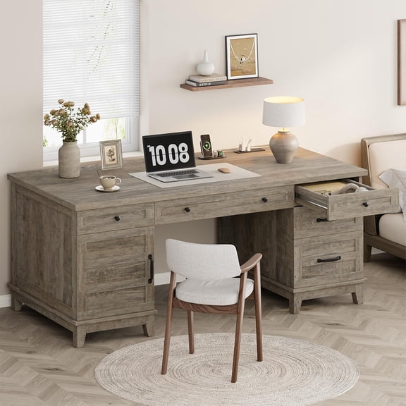 60" Farmhouse Wood Desk with Drawers, Executive Desk with Adjustable File Cabinet, Home Office Desk with Power Outlets, Distressed Writing Desk for Work and Study, Gray