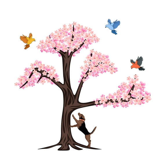 Blooming Cherry Blossom Vinyl Wall Decal with Dog and Birds around- Sticker for Cherry Blossom Nursey room, Baby room, Wall Mural to Transform a Room with a New Look-Size: 10" x 10".
