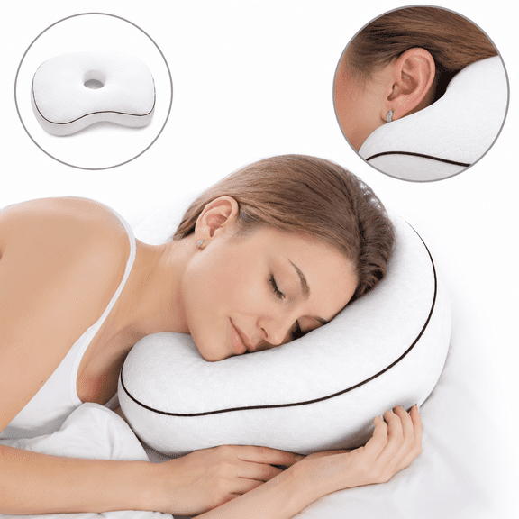 Pozico Ear Piercing Pillow for Side Sleepers, 4 Inch Ear Hole Pillow with Soft Velvet Washable Cover, Pressure Relief Support Cushion, White