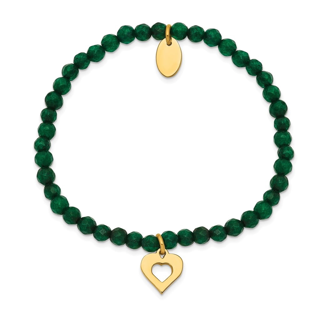 Auriga Fine Jewelry Stainless Steel Yellow IP-plated Heart 4mm Green Jade Beaded Stretch Bracelet for Women