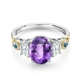 thumbnail image 2 of Gem Stone King 925 Silver and 10K Yellow Gold 3-Stone Ring Oval Checkerboard Purple Amethyst and Moissanite (2.01 Cttw, Size 8), 2 of 3