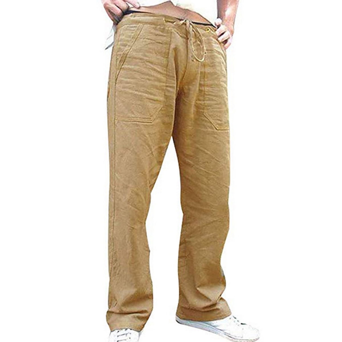 PDYLZWZY - PDYLZWZY Men Pure Color Linen Trousers Elastic Drawstring