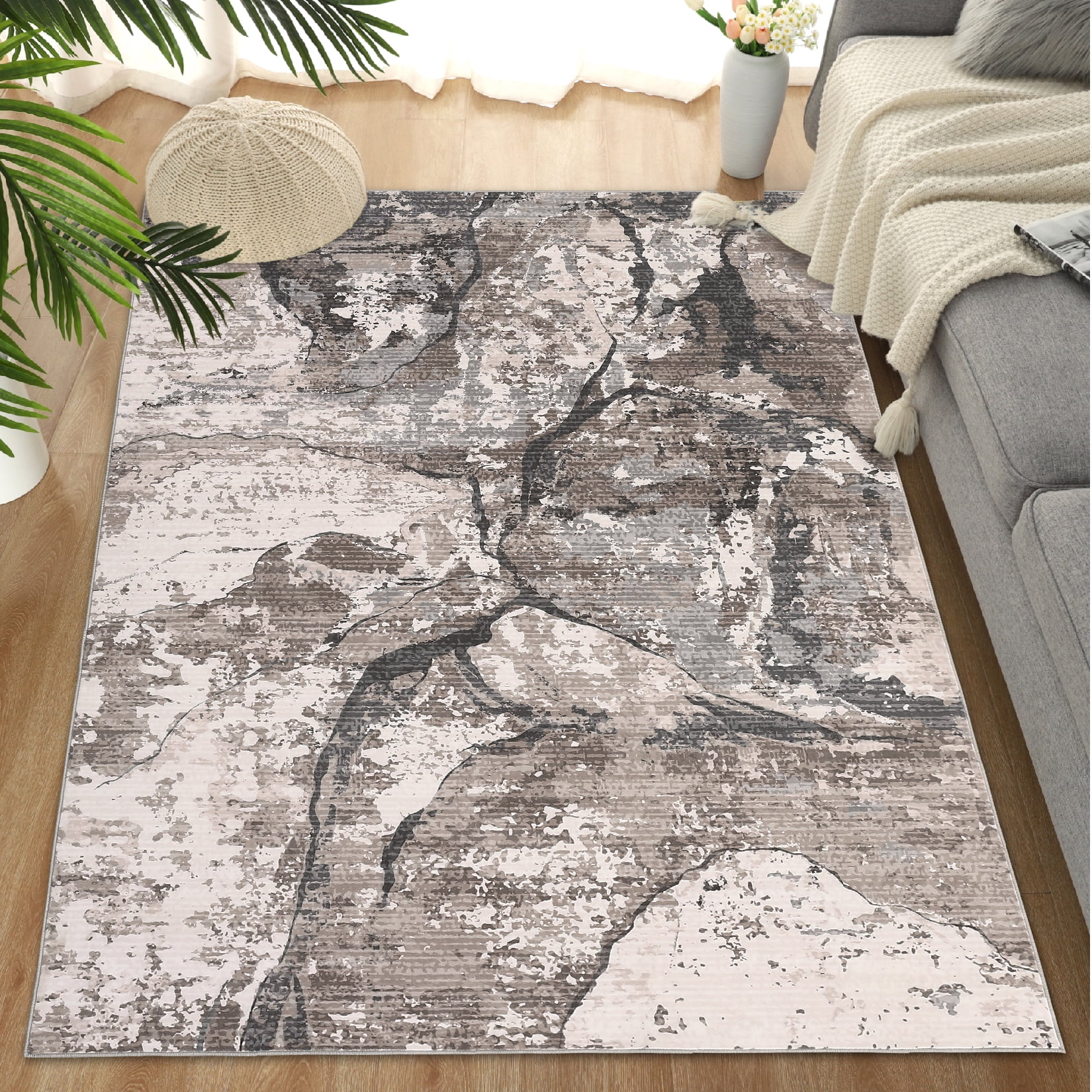 Hasoo Area Rug 8' x 10' Washable Rugs for Living Room Abstract Marble Carpet Boho Luxury Rug, Brown