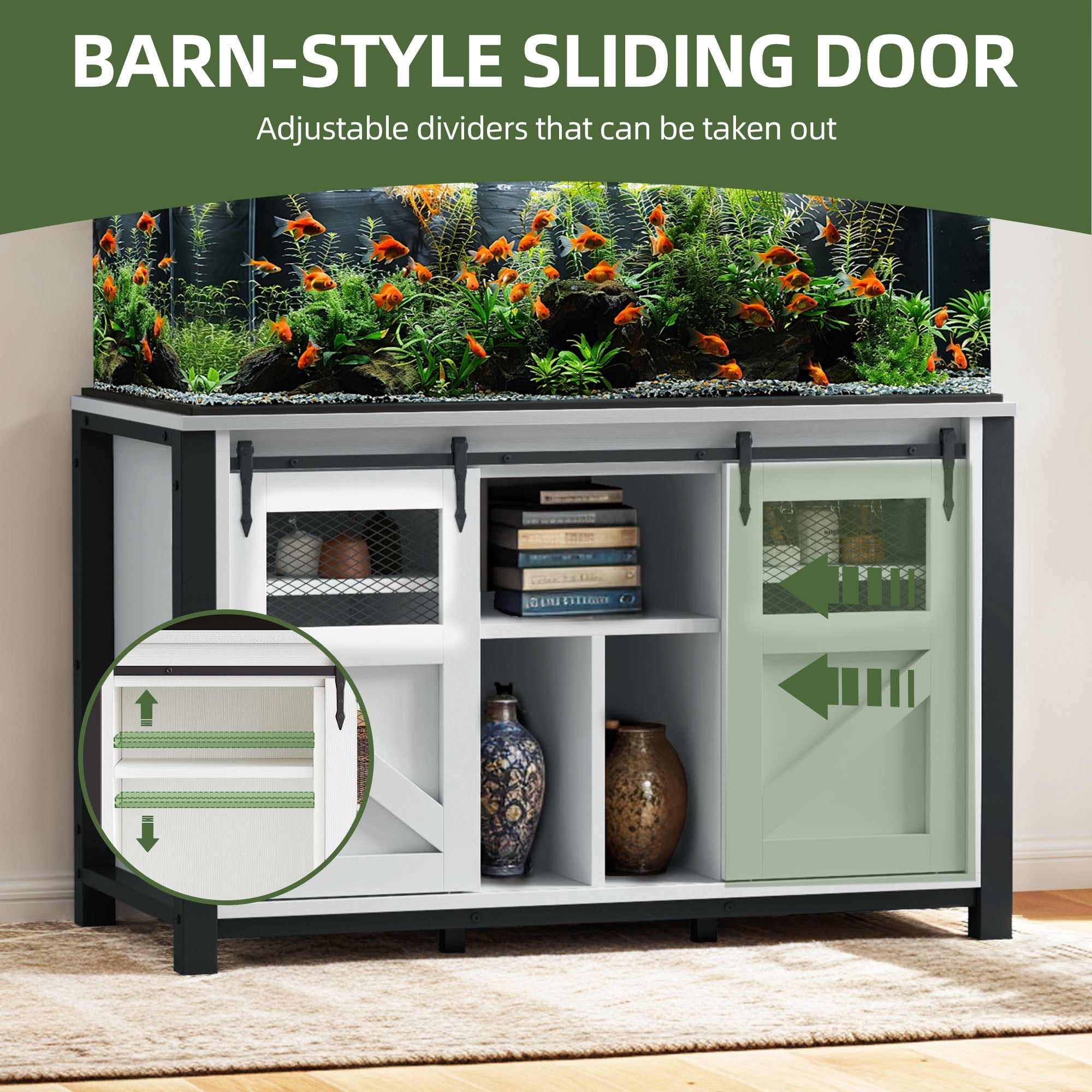 Uforic 120 gal Fish Tank Steel Stand with Storage, 1100 lbs Capacity, Power Outlets, Barn Door, White