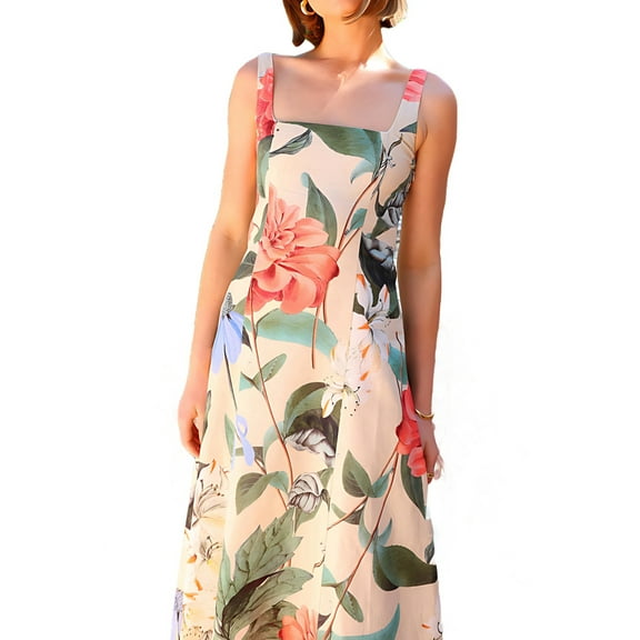 Women'S Square Neck Sleeveless Floral Flowy Long Dress A Line Maxi Dress White & Red M