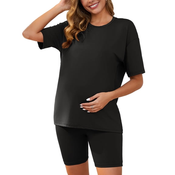 INSPIRE CHIC Women's Sports Pajamas Maternity Sets Tie Dye/Solid Short Sleeves T-Shirt and Shorts Set Loungewear 2 Piece Outfits Black Small
