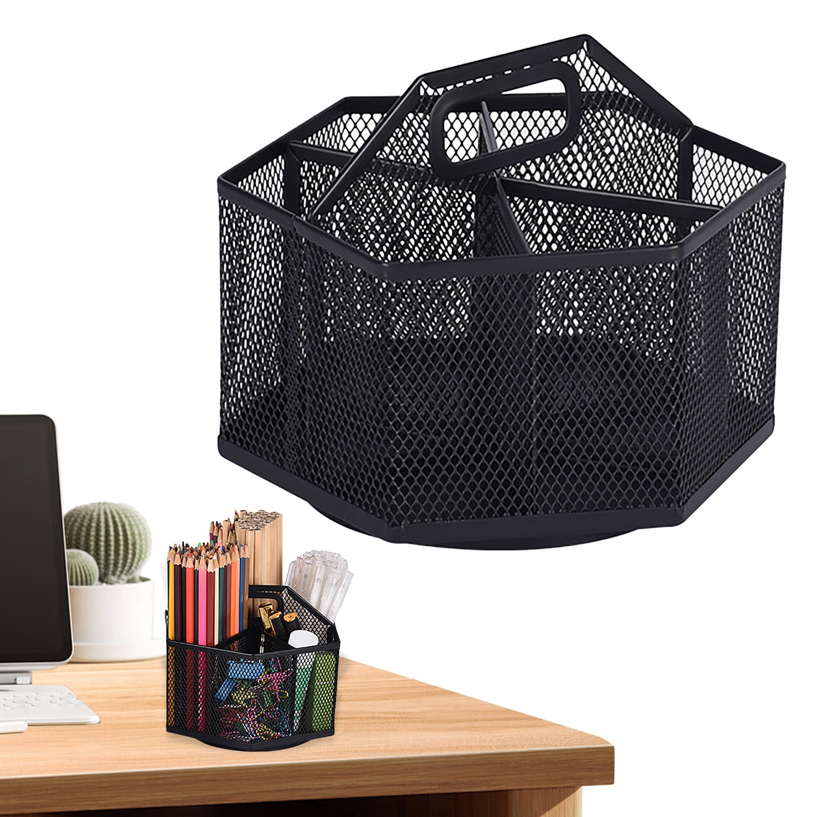 Pencil Holder with Handle, Rotating Desk Organizer, Mesh Desk Organizer Rotate with 6 Compartments – Metal Pen Organizer, Office Desk Accessories, 1 Pcs, 7.09x5.51"(Black)
