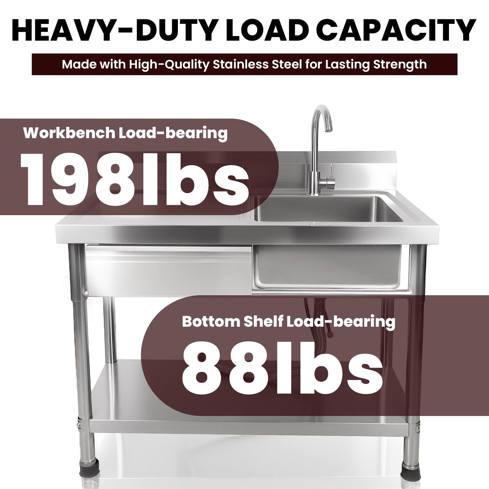 Kitchen Utility Sink, Silver 304 Rust-Proof Design, 360° Swivel Faucet, Hot Cold Water Compatible, Free Standing Single Bowl Sink with Drawer for Farmhouse Commercial Kitchen