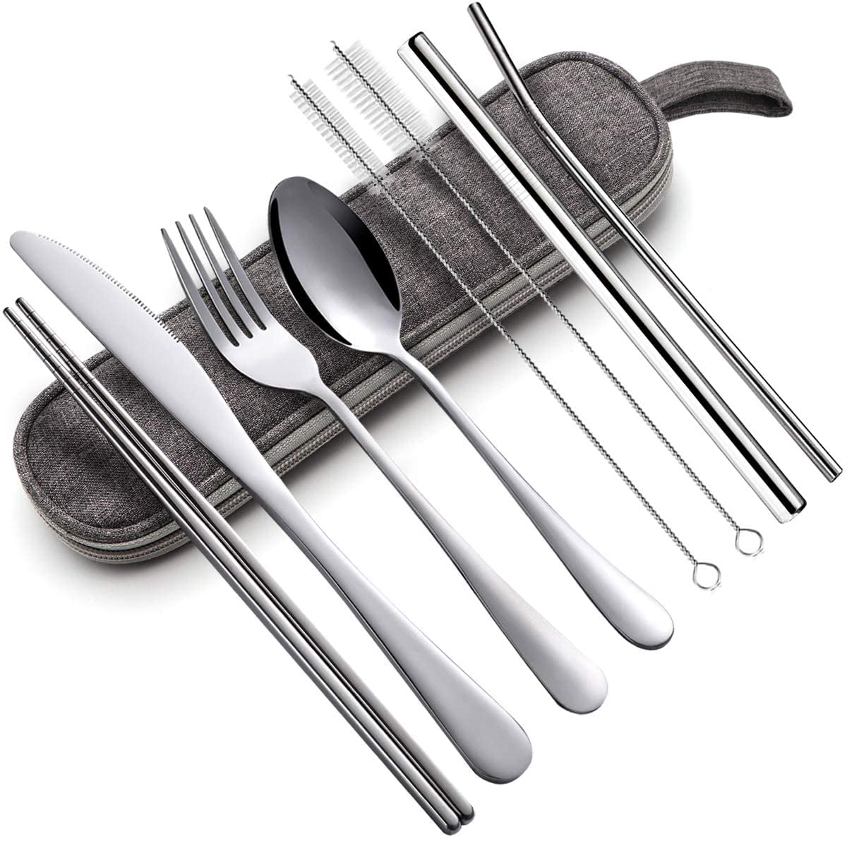 8Pcs/Set Stainless Steel Drinking Straw Dinnerware Set Cleaning Brush Flatware 