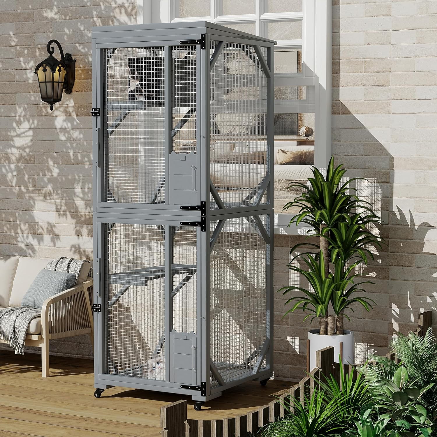 Garvee 4 Tiers Catio 32.3 x 31.8 x 74.8", Outdoor Cat Enclosure, with 4 Wheels, Gray