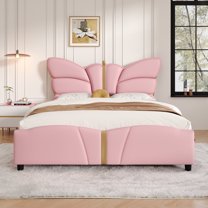 Generic Full Size Upholstered PU Leather Bed Frame, with Butterfly Shaped Headboard and Footboard, Platform Bed Frame with Gold Metal decorations, No Box Spring Needed, Light Pink