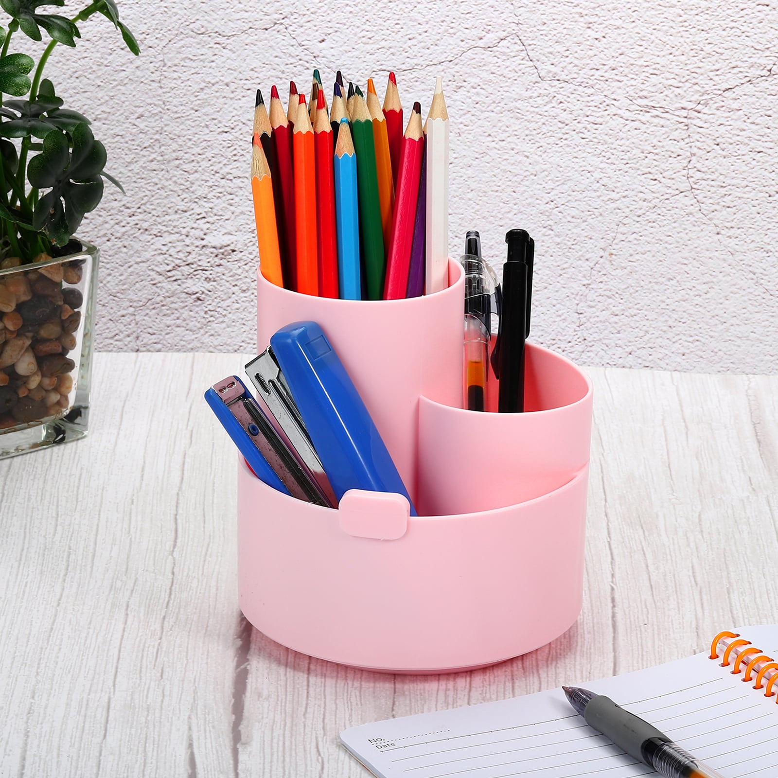 Unique Bargains Rotary Pen Holder 3 Slots Makeup Brush Desktop Organizer Pink