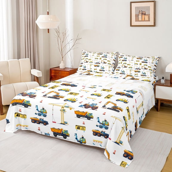 Homewish Construction Vehicle Excavator Twin Sheet Sets,Crane Bulldozer Truck Twin Fitted Sheet,White Blue Yellow Flat Sheet For Teens Kid,Luxury Bedroom Decor,3pcs