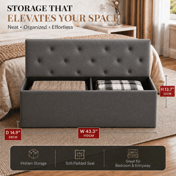 43" Storage Ottoman Bench, Folding Ottoman Foot Rest, Storage Chest with Thicker Seat, Storage for Blankets in Living Room, Entryway, Bedroom,
