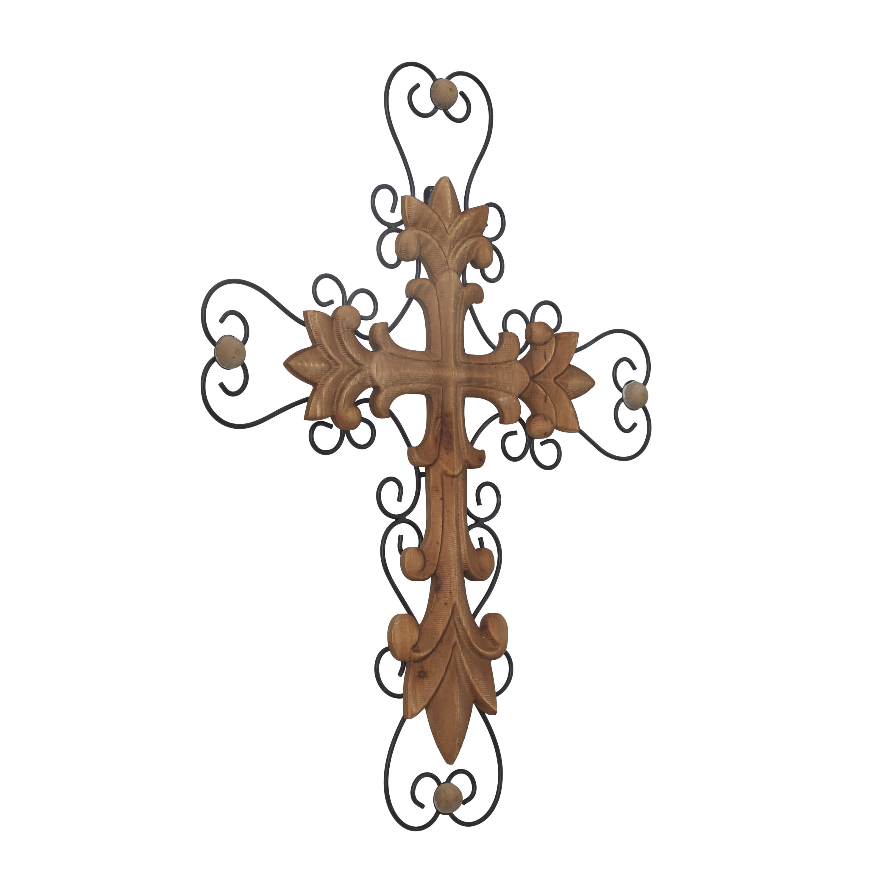 DecMode Brown Wood Carved Cross Cross Wall Decor with Metal Scrollwork