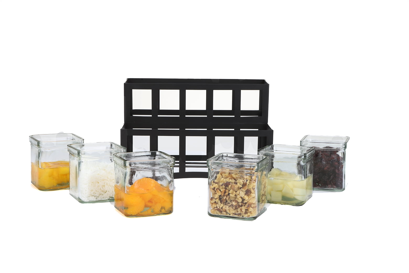Mind Reader 6JASTEP-BLK 6 Compartment Condiment Server Stand Black Bars Garnish Station for Restaurant Clear 2 Tier 9.5 W x 7.25 H Removable Jars
