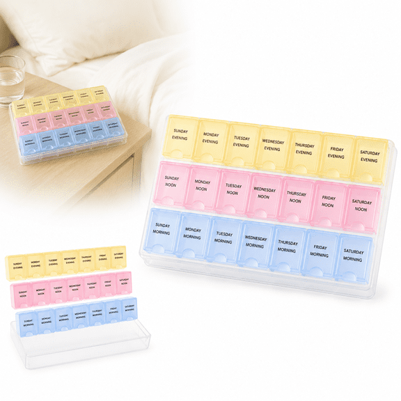7 Day Weekly Pill Organizer, 21 Compartments AM PM Tablet Storage Case with Multicolor Lids for Daily Organization, Travel and Home Use