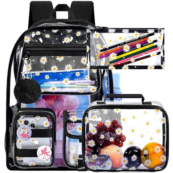 Girls See Through Backpack, 17" Women Heavy Duty PVC Clear Bookbag, Cute Stadium Approved Transparent School Bags for Elementary Preschool - Aesthetic Chrysanthemum Black