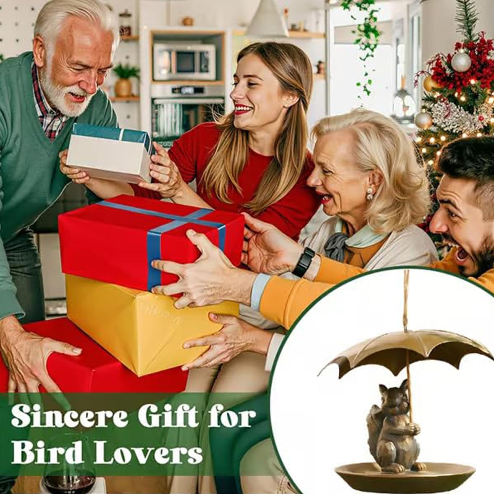 Animal And Girl And Umbrella Bird Feeder, Hummingbird Feeder Umbrella, Bird Feeders for Outdoors, Hanging Bird Feeder Set with Metal Chain Umbrella (Squirrel, Resin)