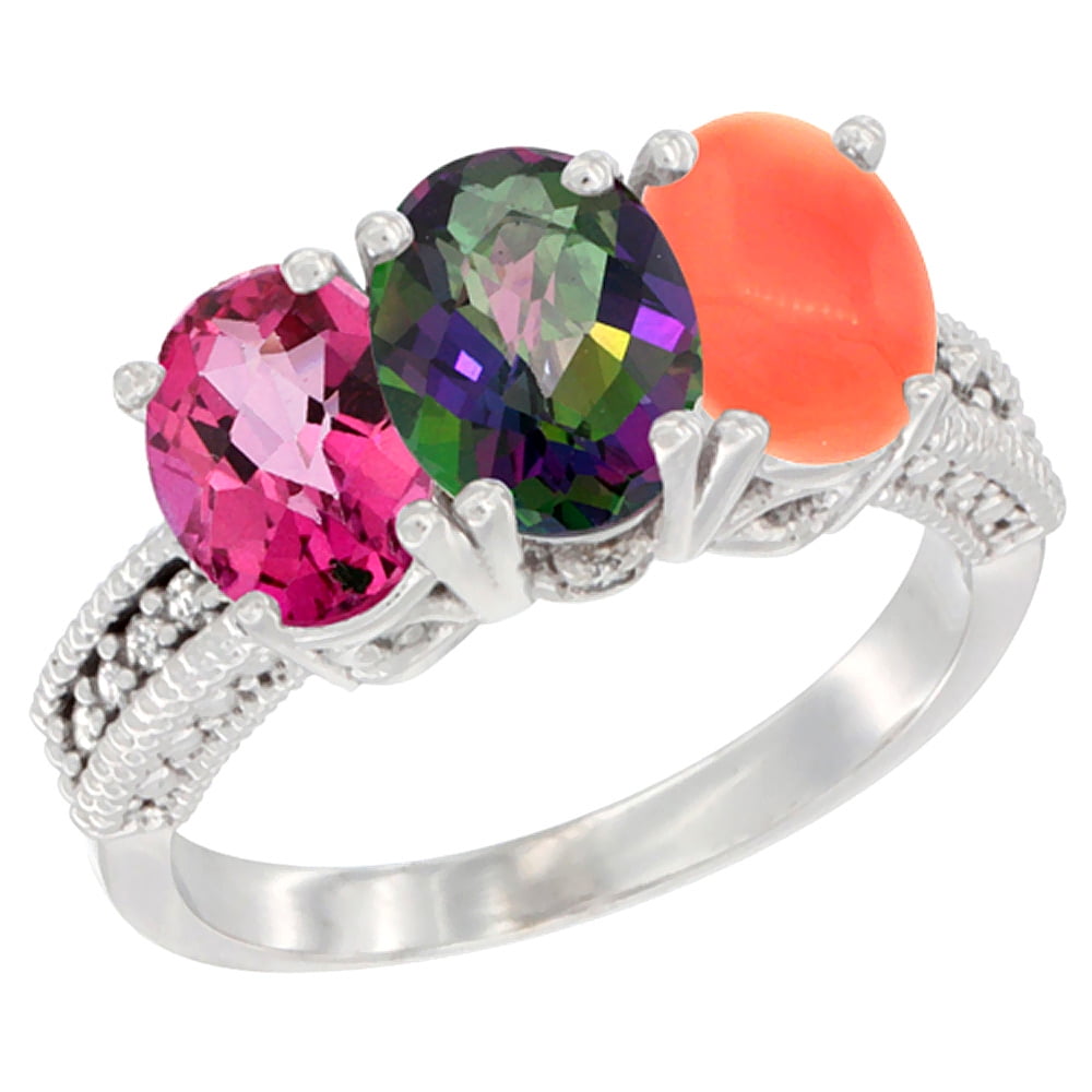 14K White Gold Natural Pink Topaz, Mystic Topaz & Coral Ring 3-Stone 7x5 mm Oval Diamond Accent, sizes 5 10 by WorldJewels